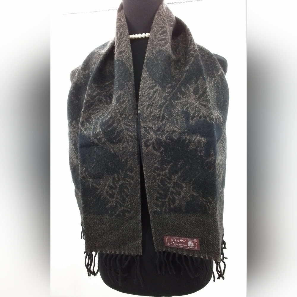 Vtg Share' Lyon New York Wool Fringed Scarf 52x12in TROPICAL W/ ELEPHANTS 🐘.